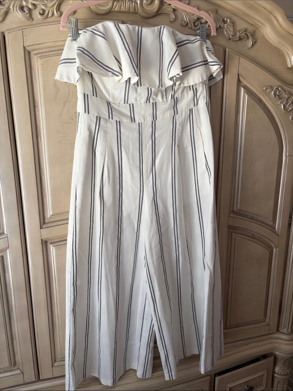 Striped Off-Shoulder White & Navy Jumpsuit